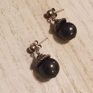 Vintage Handcrafted Sterling Silver & 8mm Tahitian Black Pearl Drop Earrings